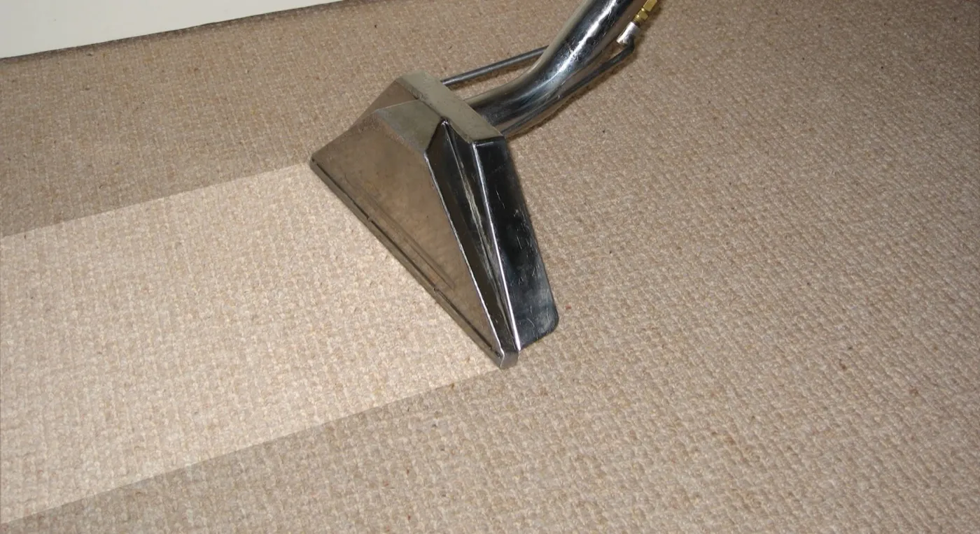 A truck-mounted wand steam-cleaning a carpet, leaving a visibly cleaner strip